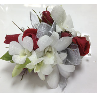 White Orchid and Red  Rose Wrist Corsage. 
